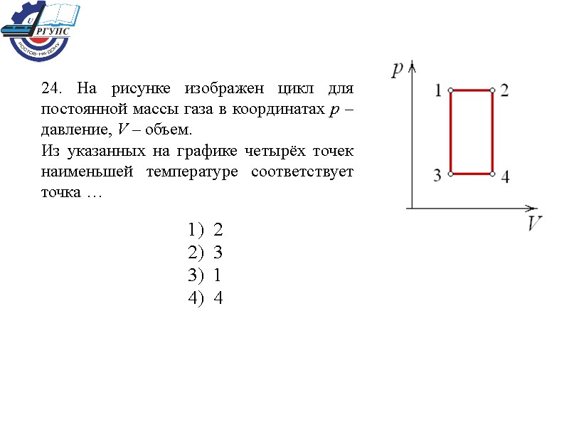 24. На рисунке изображен цикл для постоянной массы газа в координатах p – давление,